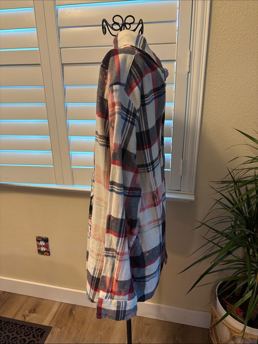 Handmade one of a kind Dolly Parton Plaid Button-Up Distressed Flannel - Picture 2 of 6